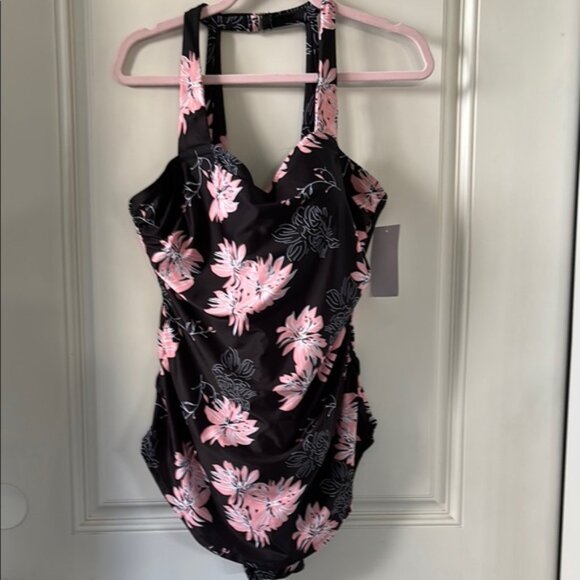 Meet Curve womens L Floral Print HBack Sarong Front One Piece Bathing suit - Picture 1 of 2